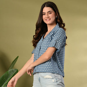 Blue Printed Cotton Shirt Style Crop Top