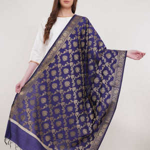 Blue Woven Design Gold Toned Banarasi Silk Dupatta