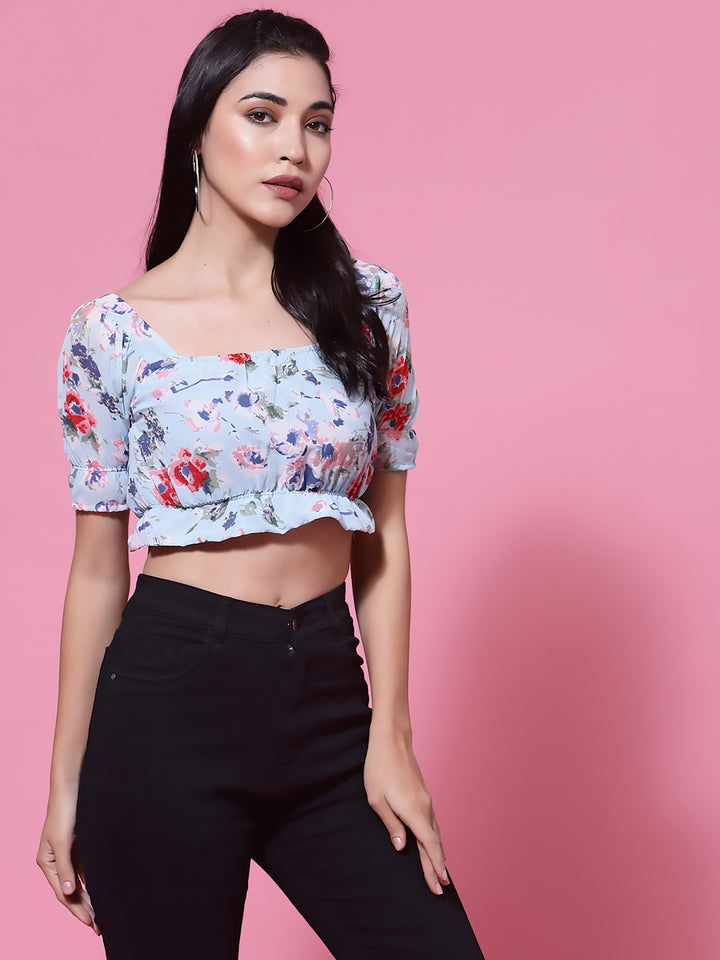 Blue  Floral Puff Sleeves Blouson Crop Top