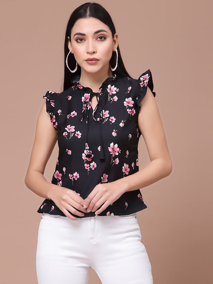 Black Floarl Print Flutter Sleeves Top