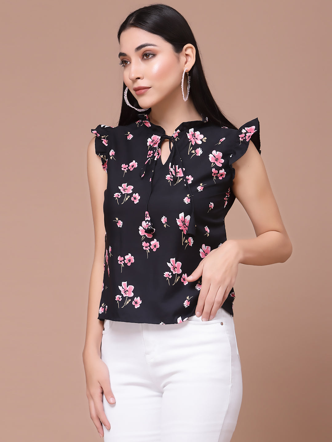Black Floarl Print Flutter Sleeves Top