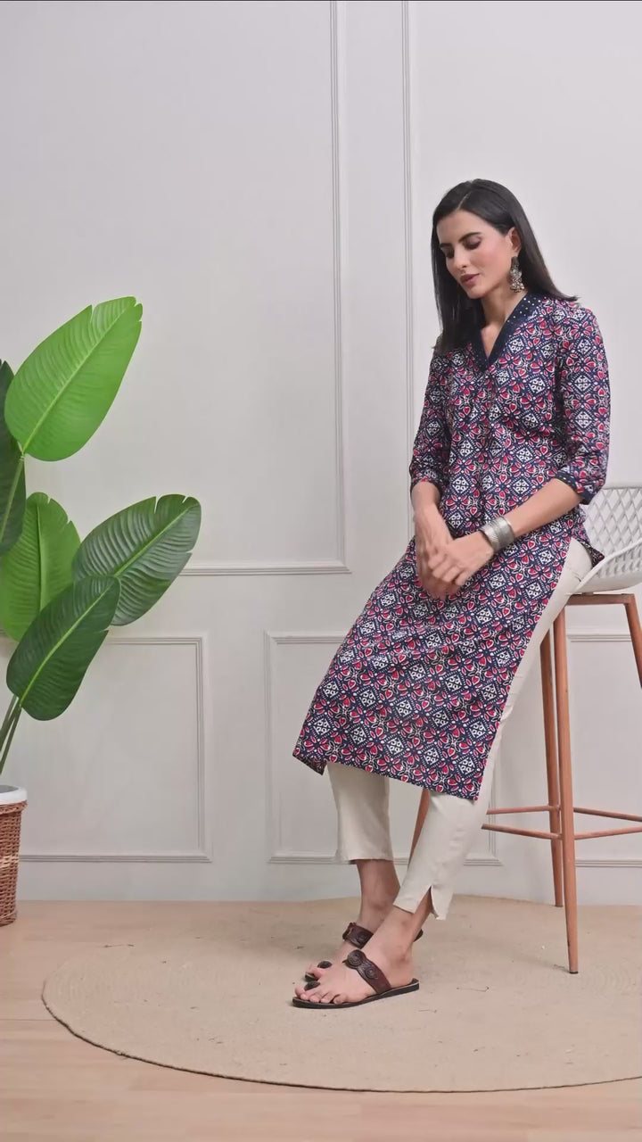 Blue Geometric Print Cotton Kurta