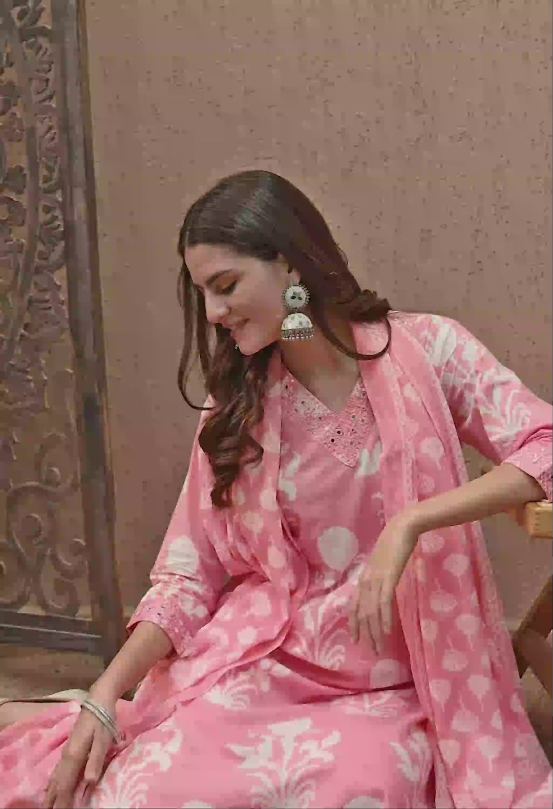 Pink Floral V-Neck Kurta Sets
