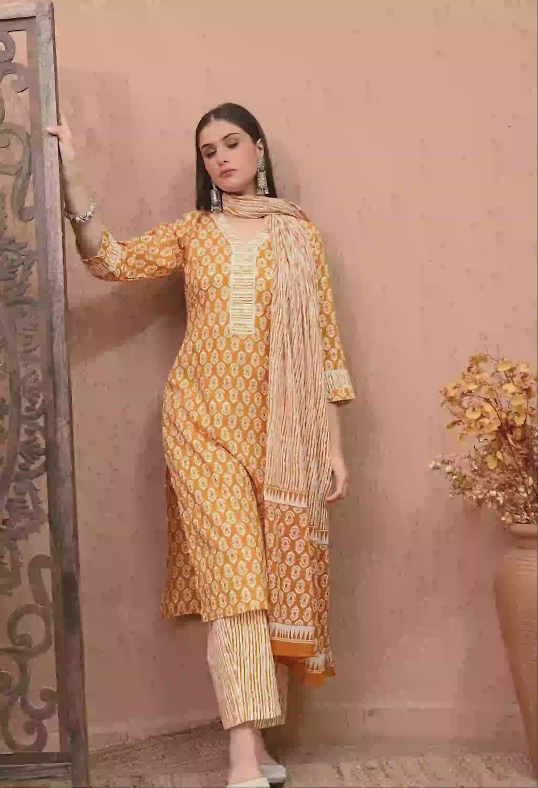 Yellow Floral V-Neck Kurta Sets