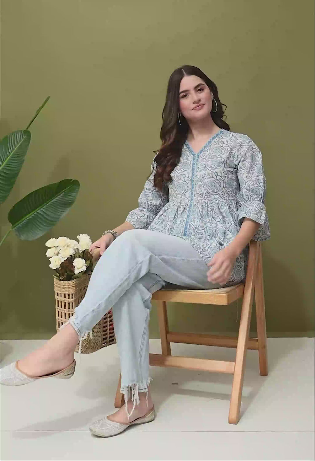 Blue Printed Flared Cotton top