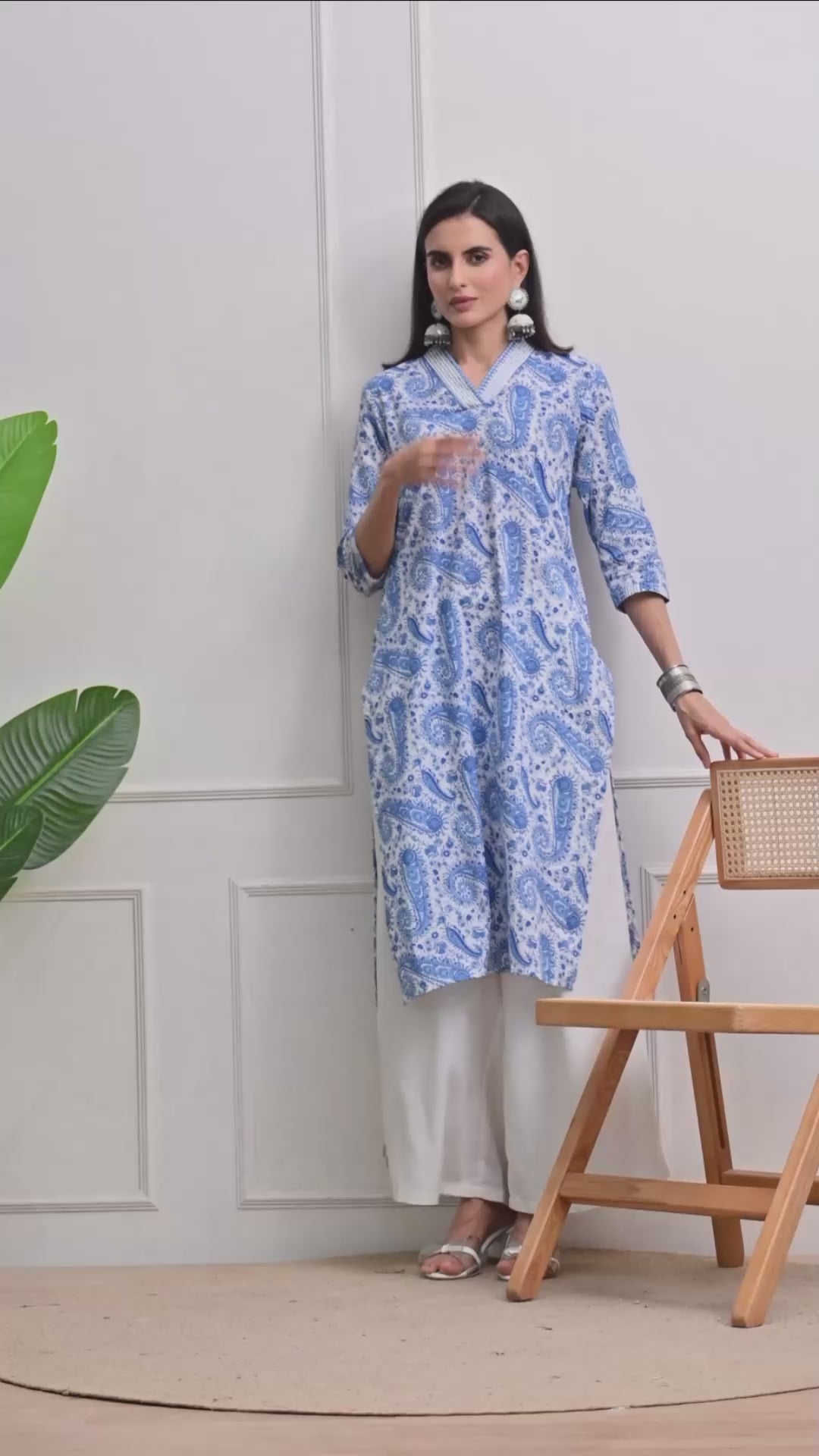 Blue Printed Cotton Straight Kurta
